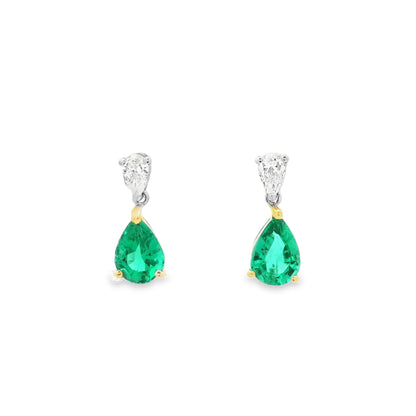 1.89ct Pear On Pear Emerald And Diamond Drop Earrings