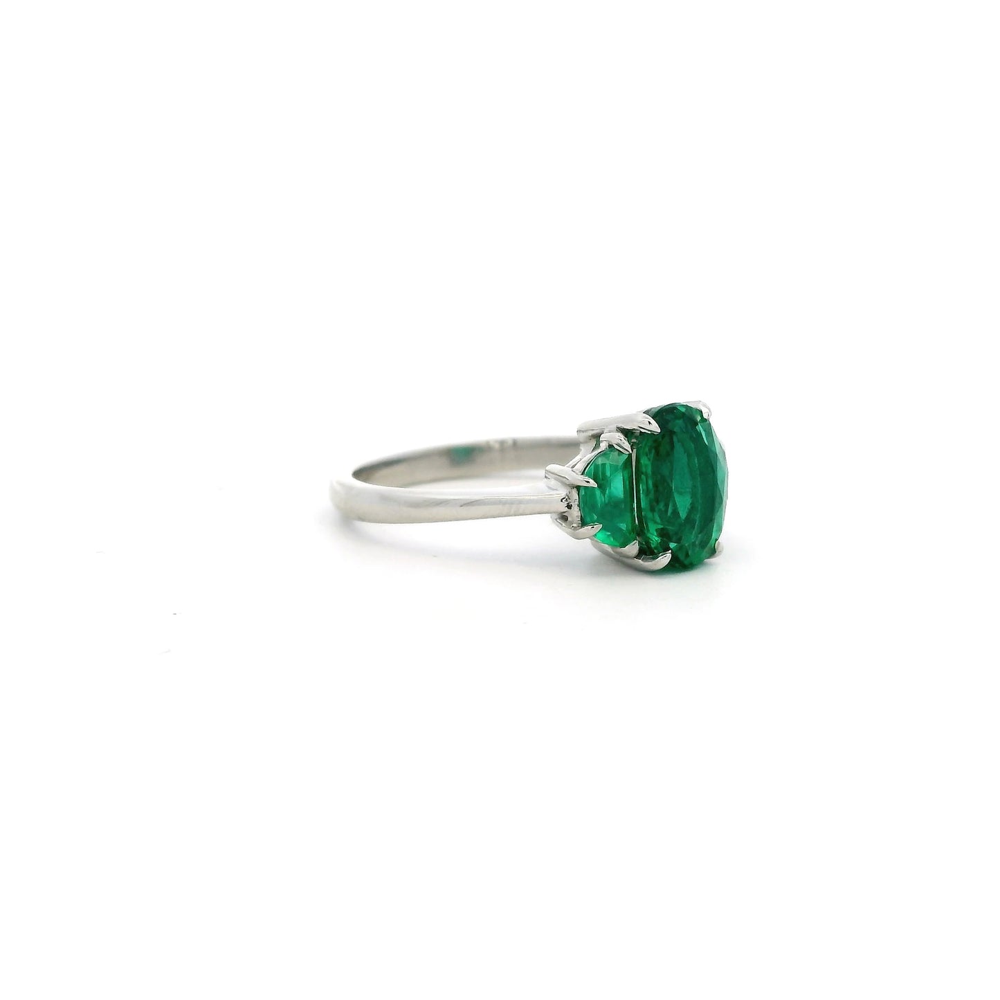 2.24ct Oval And Half Moon Cut Emerald Three Stone Ring