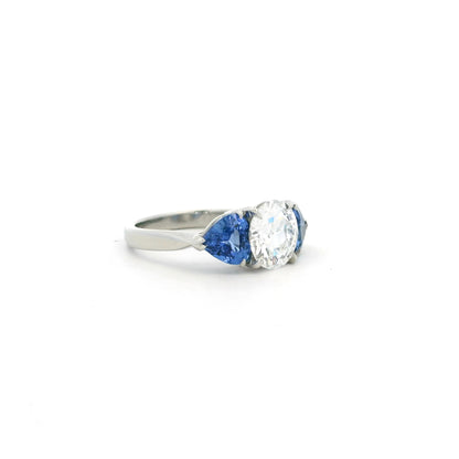 1.88ct Transitional Cut Diamond And Heart Cut Sapphire Three Stone Ring