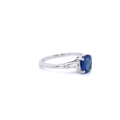 1.49ct Oval Sapphire And Tapered Baguette Diamond Three Stone Ring