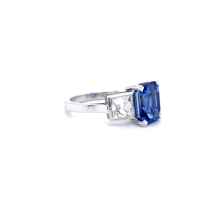 4.12ct Emerald Cut Sapphire And French Cut Diamond Three Stone Ring