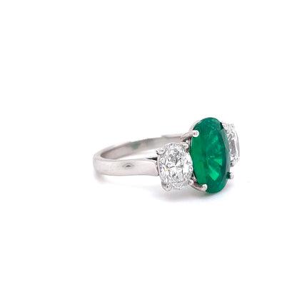 2.60ct Certified Colombian Oval Cut Emerald And Oval Diamond Three Stone Ring