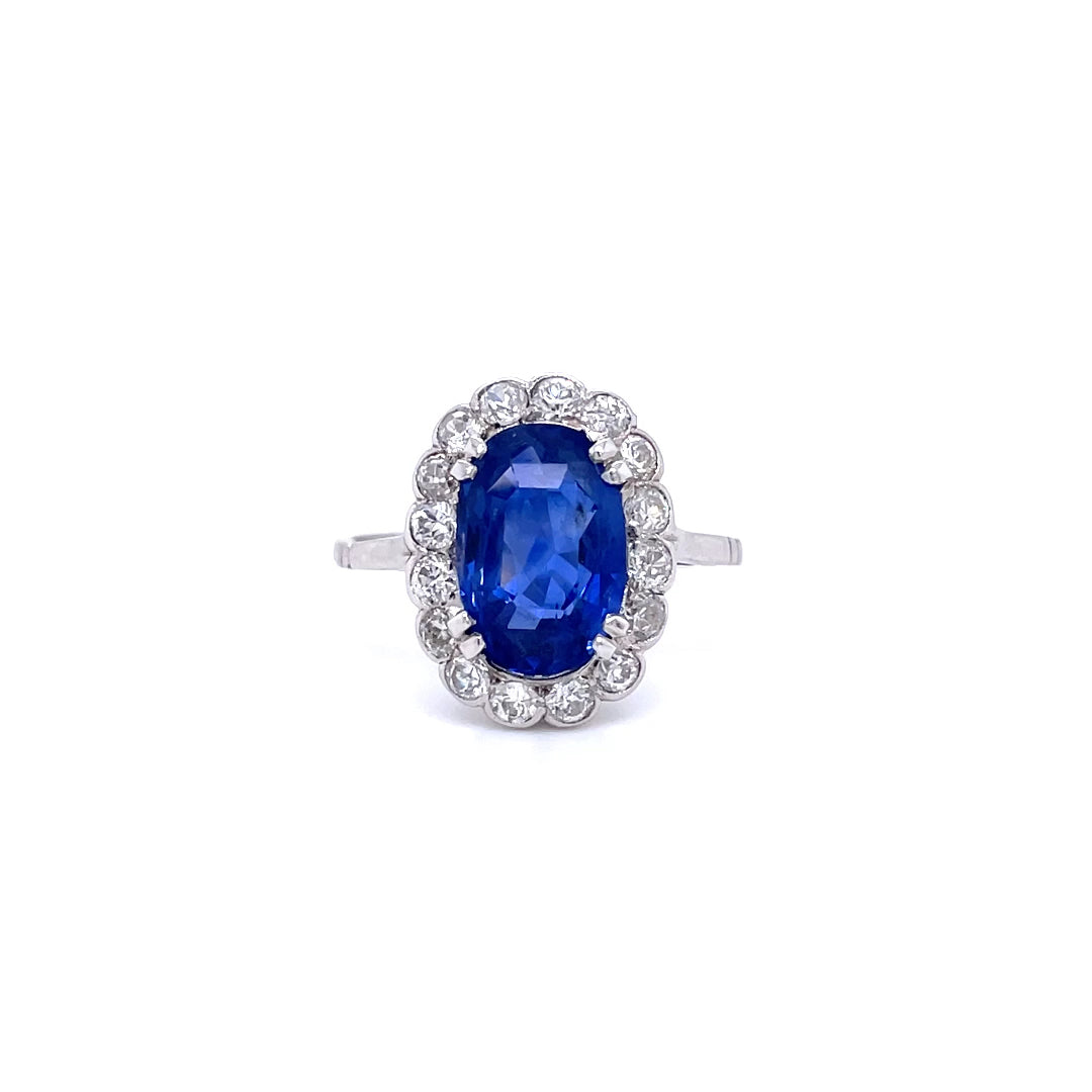Certified Unheated 3.29ct Oval Cut Ceylon Sapphire and Diamond Cluster Ring
