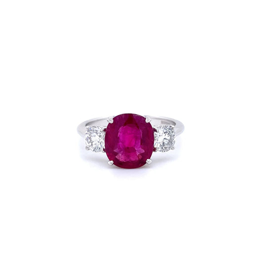 3.14ct Cushion Cut Certified Burmese Ruby and Round Diamond Three Stone Ring