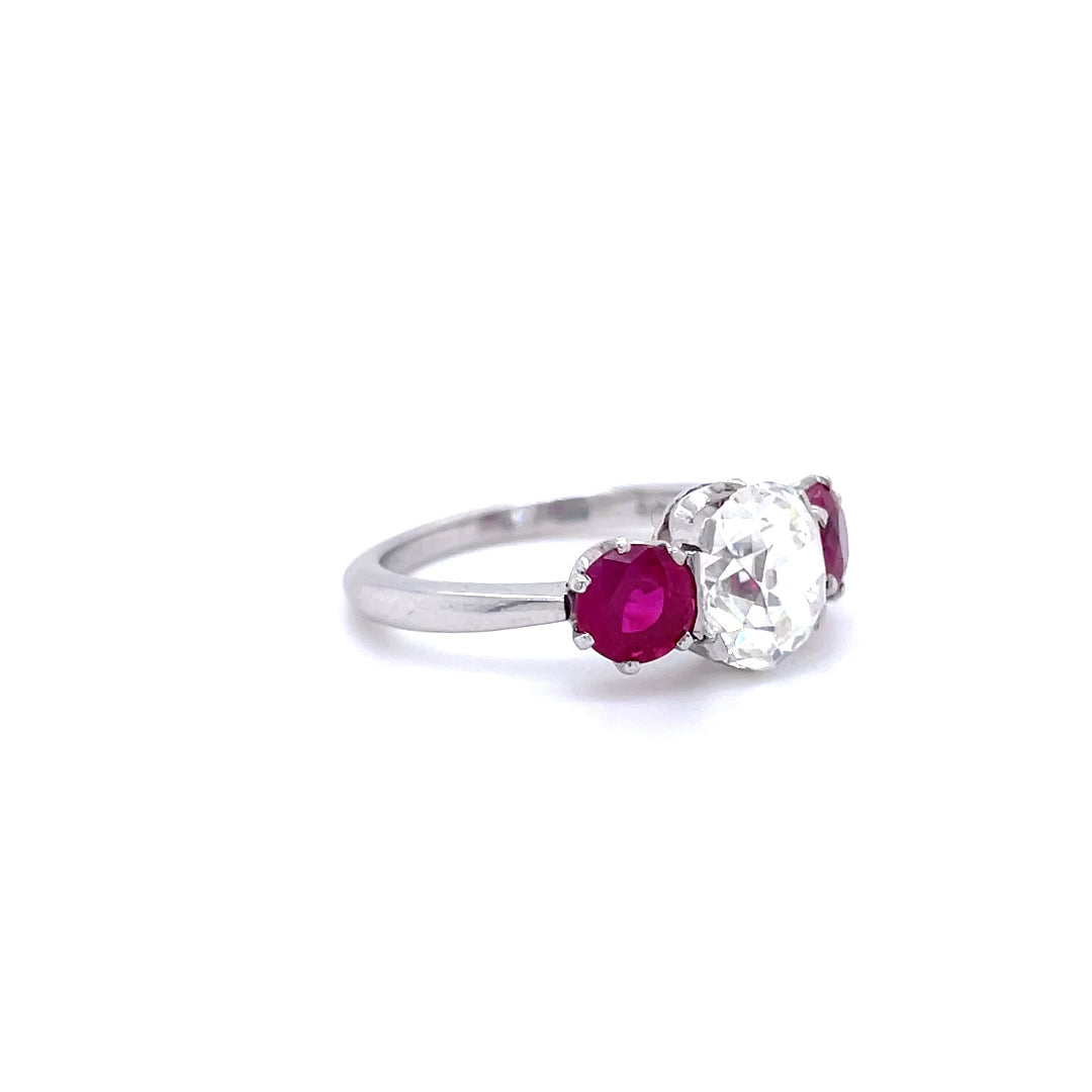 1.99ct Old Cut Round Diamond and Ruby Three Stone Ring