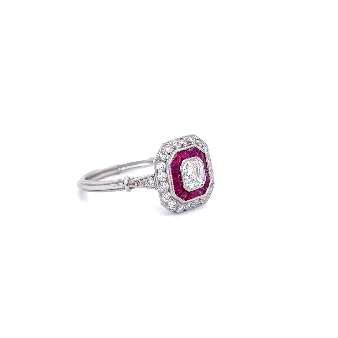 0.50ct Asscher Cut Diamond and Ruby Art Deco Style Target Ring