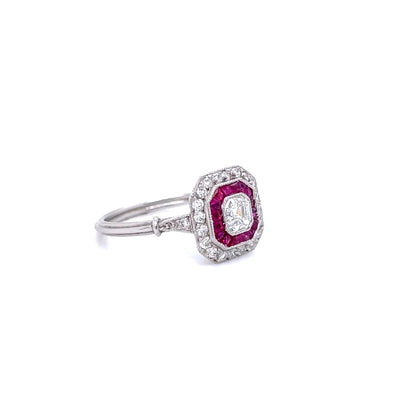 0.50ct Asscher Cut Diamond and Ruby Art Deco Style Target Ring