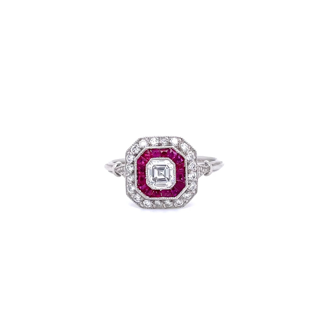 0.50ct Asscher Cut Diamond and Ruby Art Deco Style Target Ring