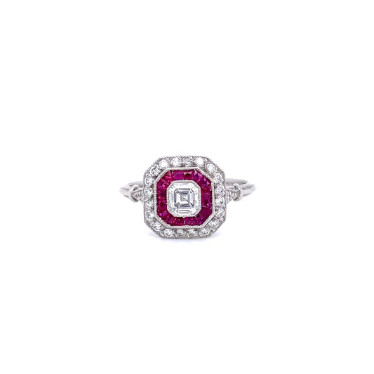 0.50ct Asscher Cut Diamond and Ruby Art Deco Style Target Ring