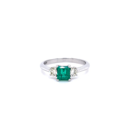 0.57ct Certified Baguette Cut Emerald and Round Diamond Three Stone Ring