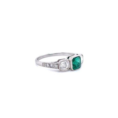 0.70ct Square Emerald And Old Cut Diamond Three Stone Ring