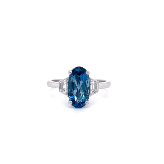 1.98ct Oval Aquamarine and Trapezoid Diamond Three Stone Ring