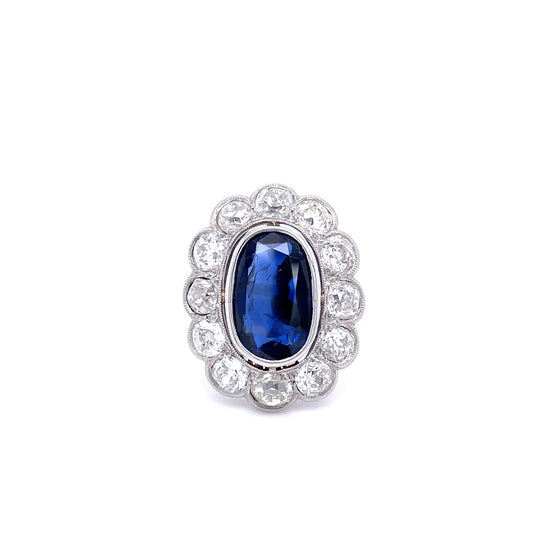 2.30ct Oval Sapphire and Old Cut Diamond Cluster Ring