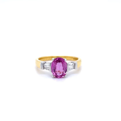 1.50ct Oval Cut Pink Sapphire And Diamond Three Stone Ring