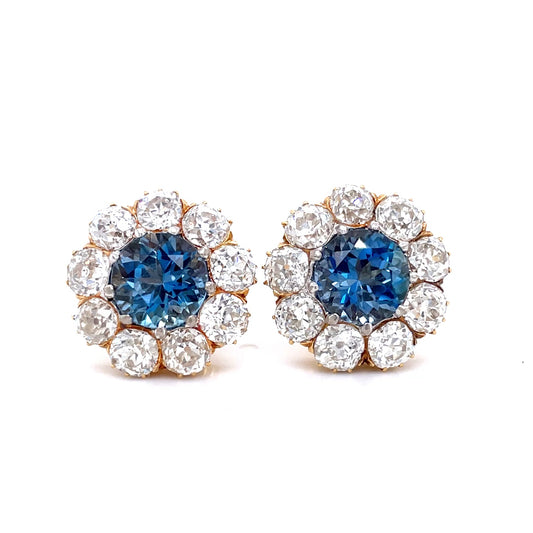 4.72ct Round Aquamarine and Diamond Flower Cluster Earrings