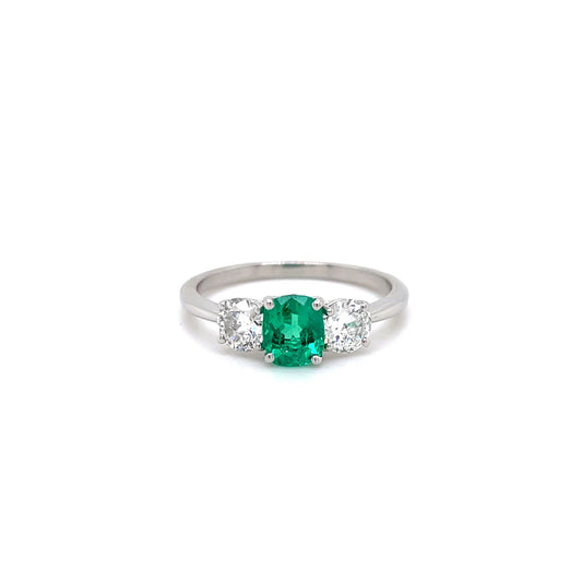 0.71ct Certified Cushion Emerald And Old Cut Diamond Three Stone Ring