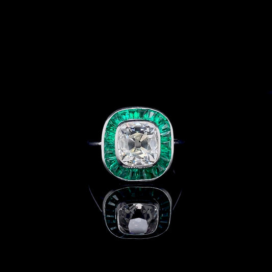 2.45ct Old Cushion Cut Diamond And Emerald Art Deco Style Target Ring