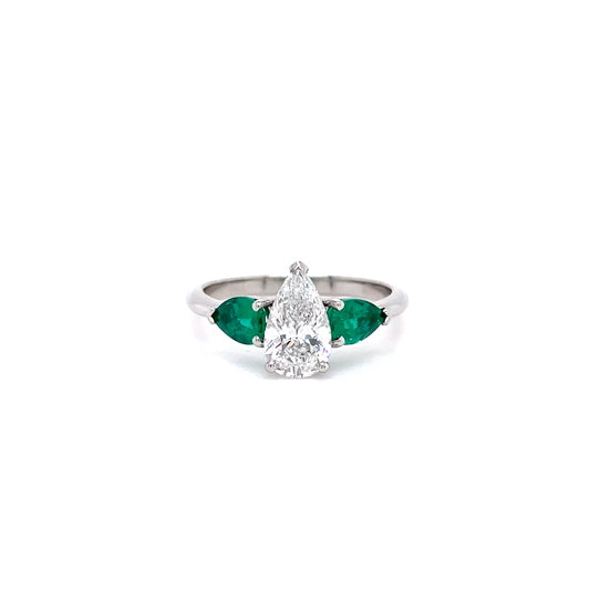 1.02ct Certified Pear Cut Diamond And Emerald Three Stone Ring