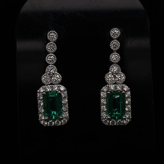 1.08ct Emerald Cut Emerald And Diamond Fancy Drop Earrings