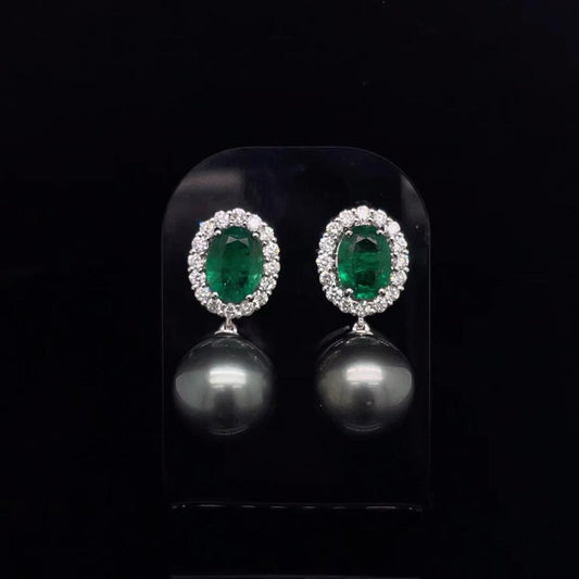 Oval Emerald And Diamond Cluster Pearl Drop Earrings