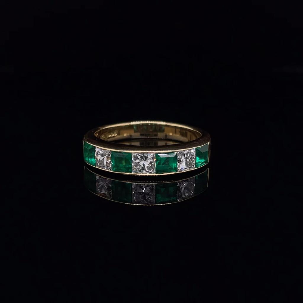 0.90 Square Emerald And Diamond Seven Stone Ring