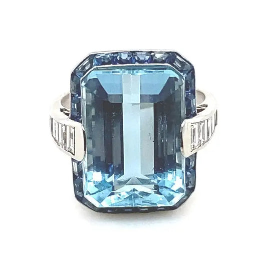 Vintage Emerald Cut Aquamarine And Sapphire Cluster Ring