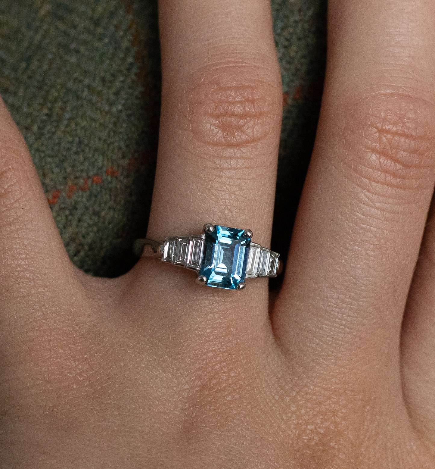 1.26ct Emerald Cut Aquamarine And Baguette Cut Diamond Seven Stone Ring