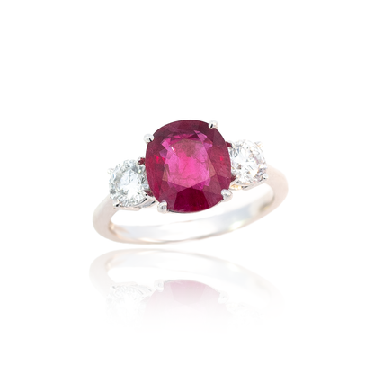 3.14ct Cushion Cut Burmese Ruby and Diamond Three Stone Ring