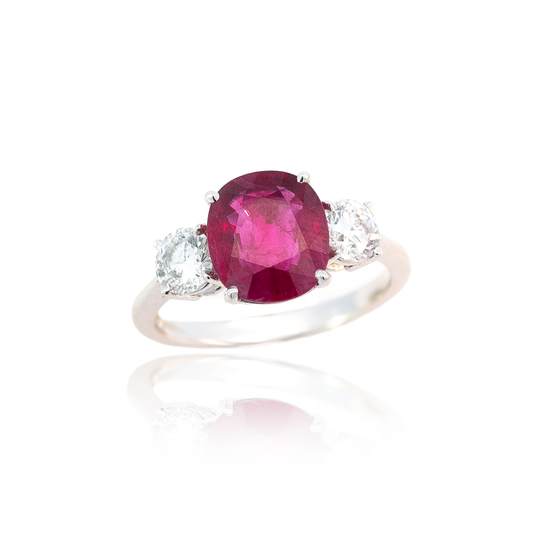 3.14ct Cushion Cut Burmese Ruby and Diamond Three Stone Ring