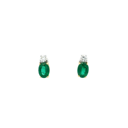 Oval Emerald And Round Diamond Stud Earrings