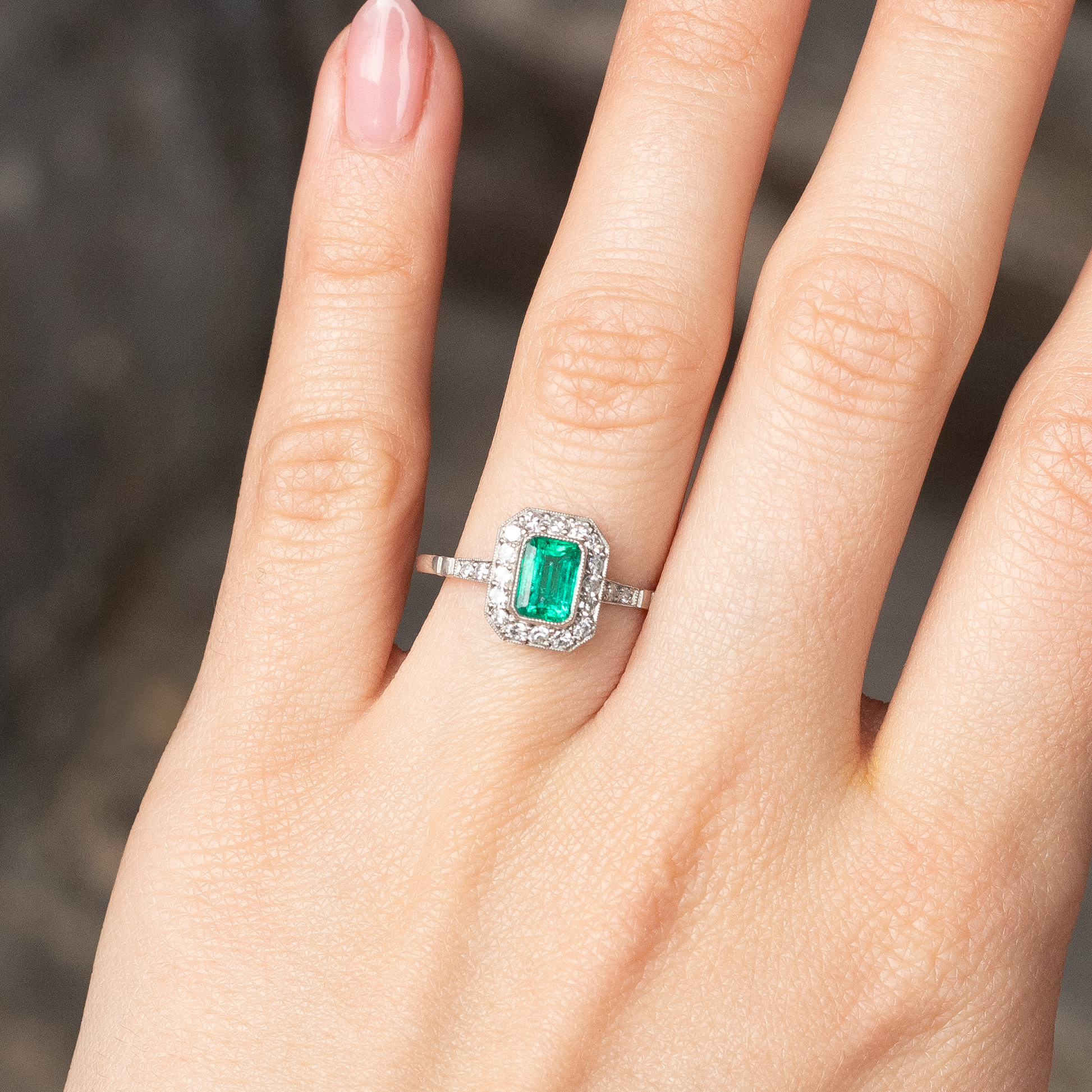 Vintage Emerald Cut Emerald And Diamond Art Deco Style Cluster