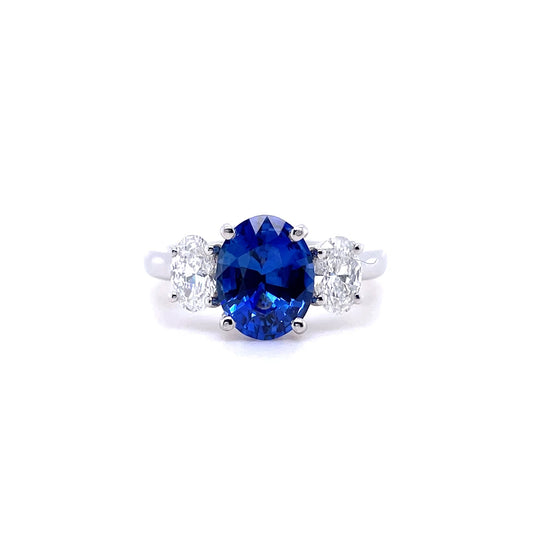 2.43ct Oval Sapphire And Certified Oval Diamond Three Stone Ring