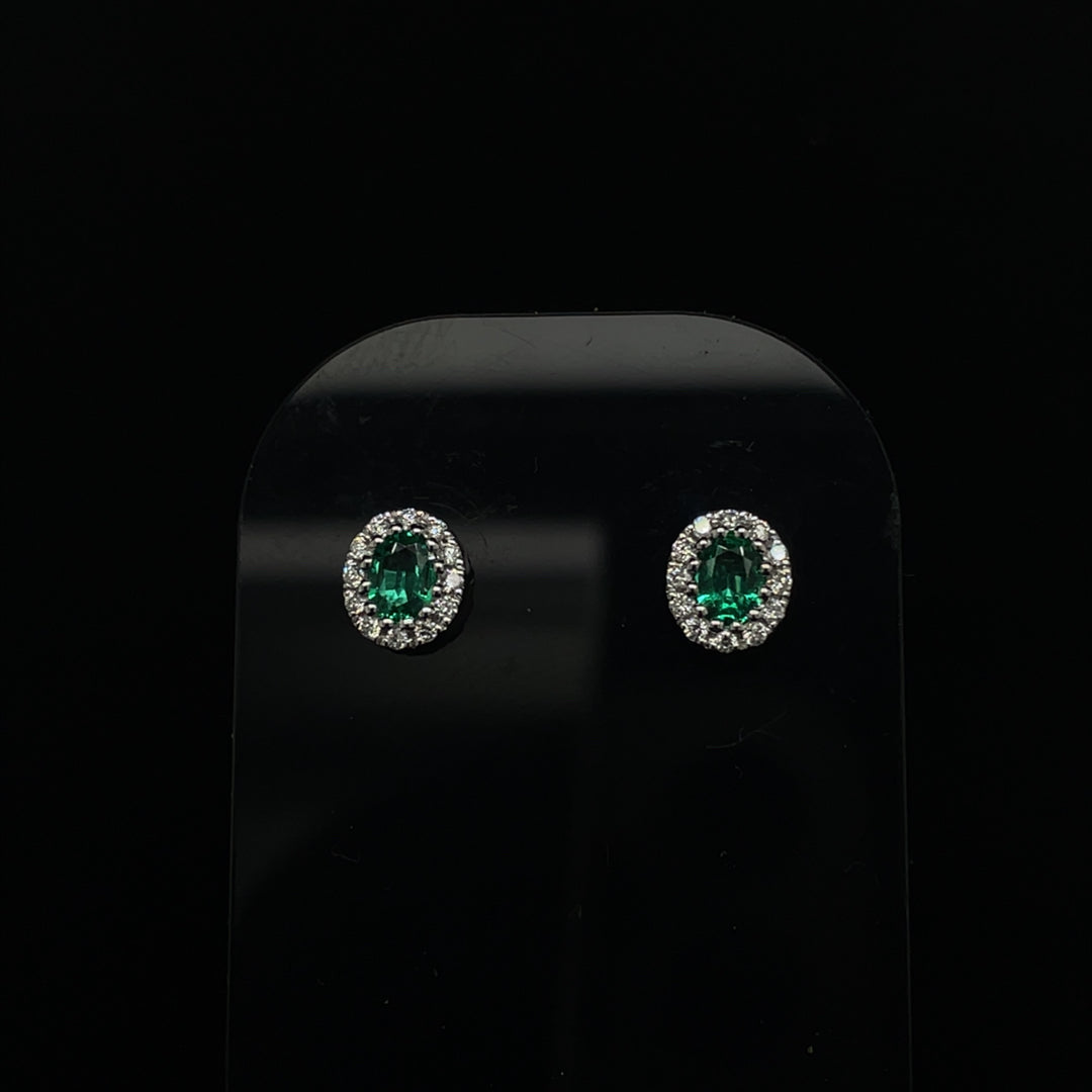 0.24ct Oval Emerald And Diamond Cluster Stud Earrings