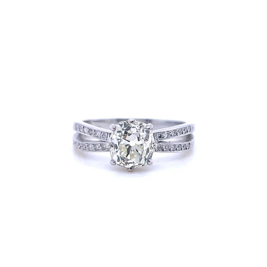 1.78ct Old Cut Cushion Diamond Solitaire Ring With Diamond Set Split shoulders