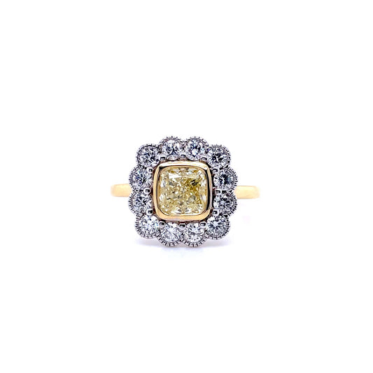 1.30ct Certificated Cushion Cut Yellow Diamond Cluster Ring