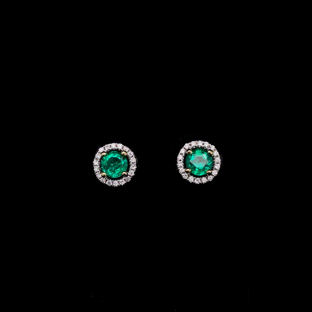 0.65ct Round Emerald And Diamond Halo Cluster Earrings