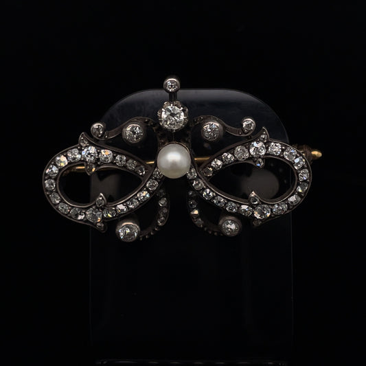 Old Cut Diamond And Pearl Double Loop Brooch