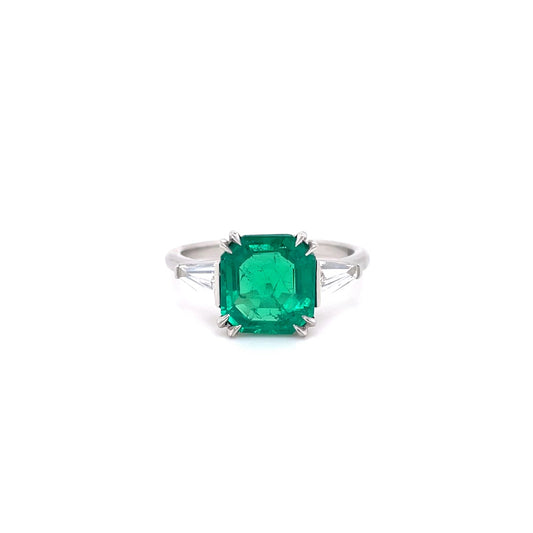 2.17ct Certified Colombian Emerald Cut Emerald And Tapered Baguette Diamond Three Stone Ring