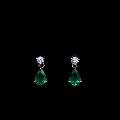 1.08ct Pear Cut Emerald And Round Diamond Drop Earrings