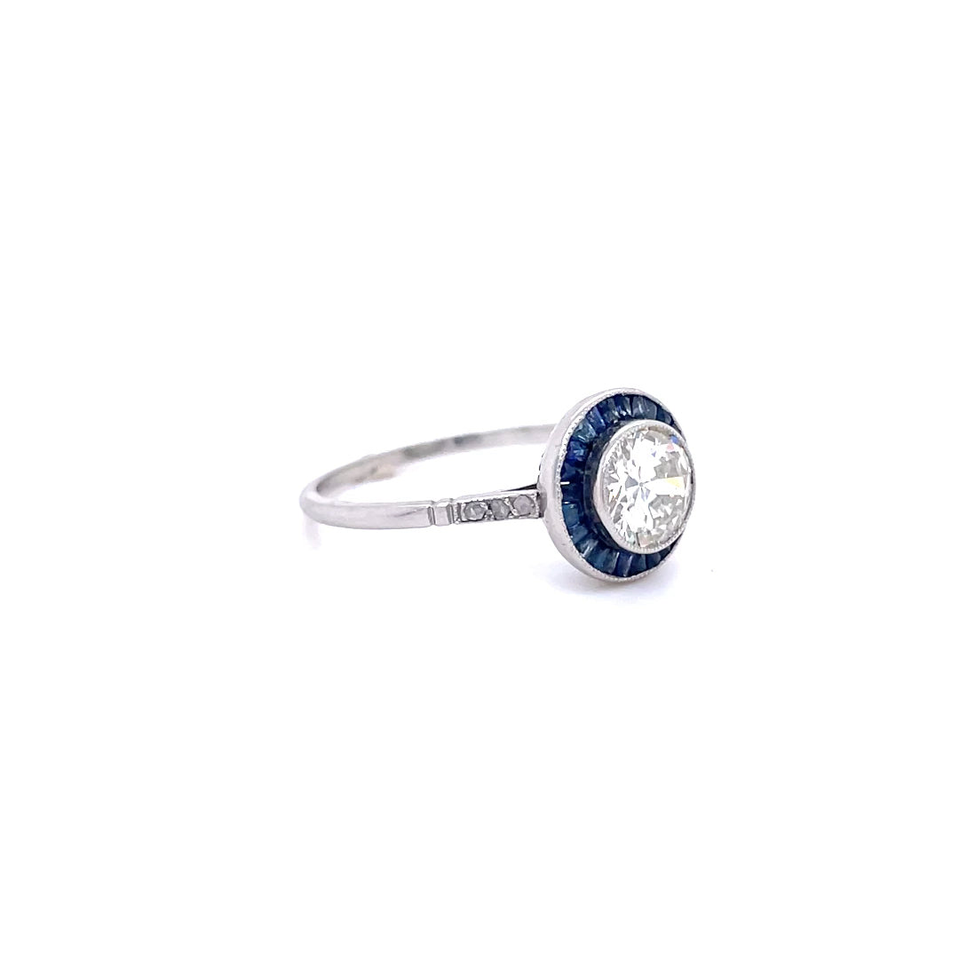 0.81ct Round Diamond and Sapphire Art Deco Style Target Ring