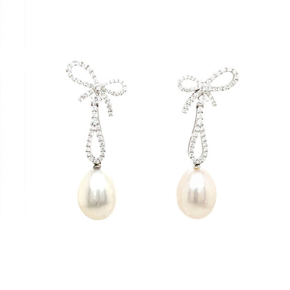 Pear Pearl and Diamond Bow Drop Earrings