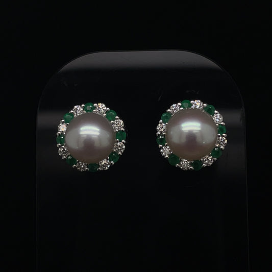 Pearl, Emerald and Diamond Cluster Earrings