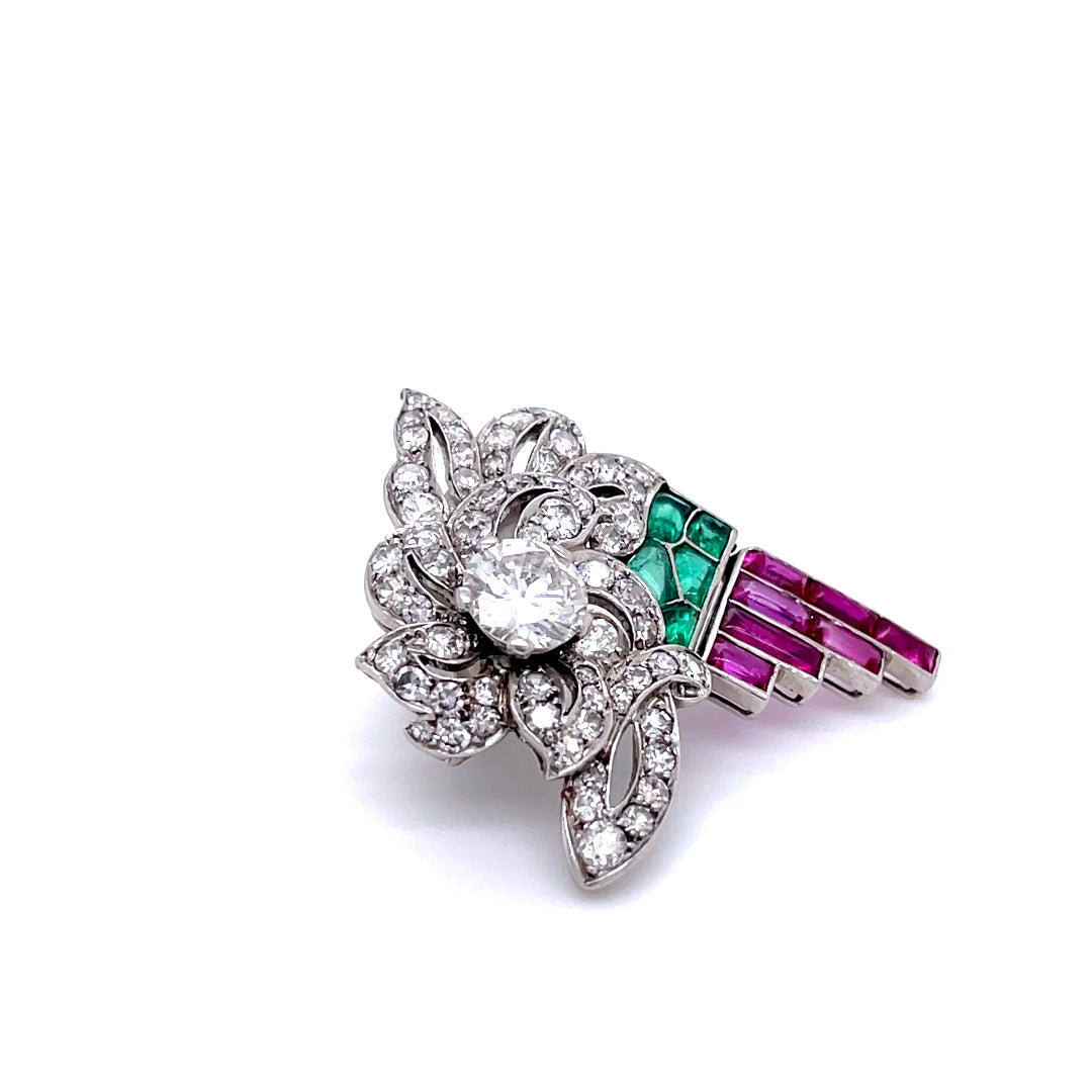 Art Deco LaCloche Emerald, Ruby and Diamond Brooch