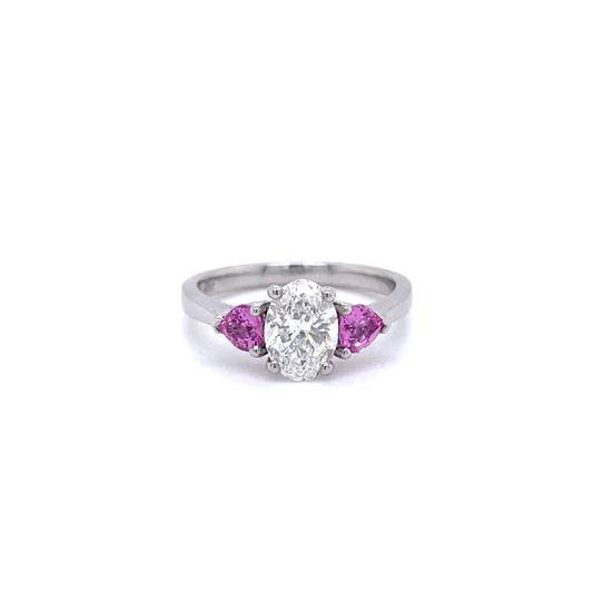 1.06ct Oval Diamond And Heart Cut Pink Sapphire Three Stone Ring