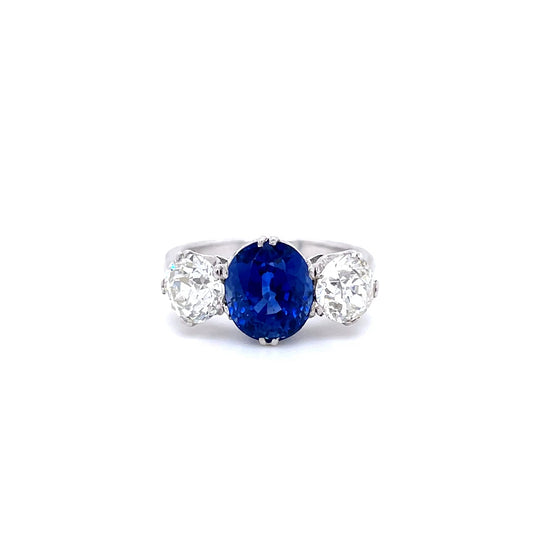 3.65ct Oval Sapphire and Round Diamond Three Stone Ring