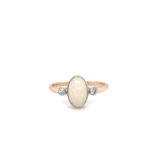 Oval Opal And Round Diamond Three Stone Ring