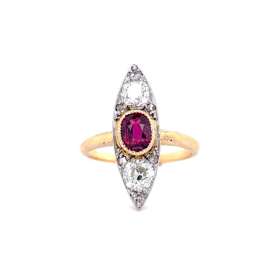 Oval Ruby And Old Cut Diamond Navette Cluster Ring