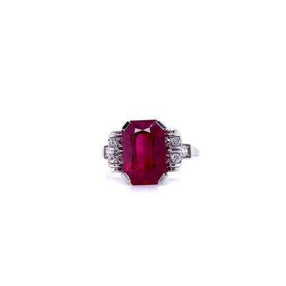 Vintage 3.30ct Emerald Cut Certified Burmese Ruby and Diamond Dress Ring