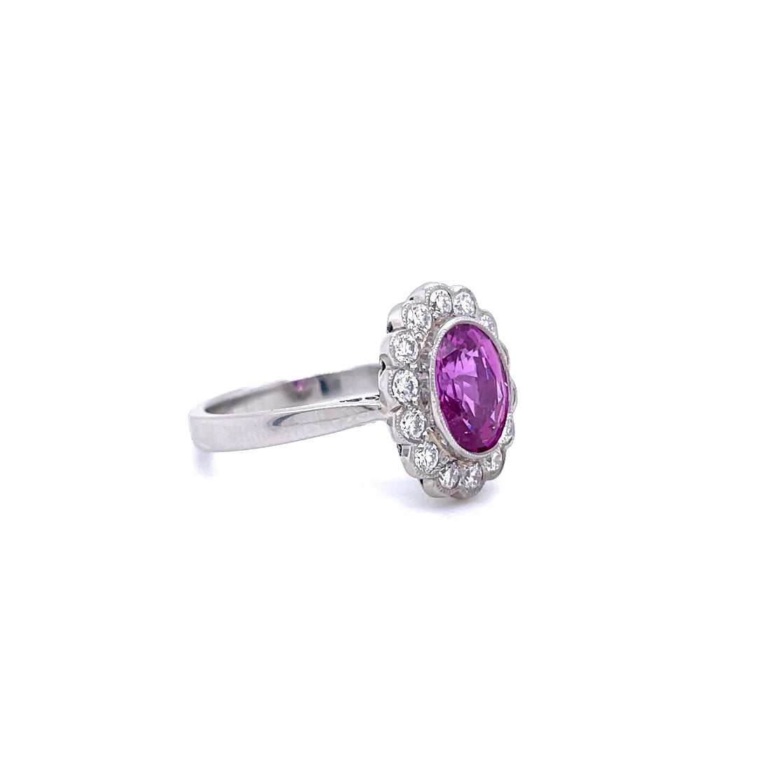 2.11ct Oval Cut Pink Sapphire and Diamond Cluster Ring