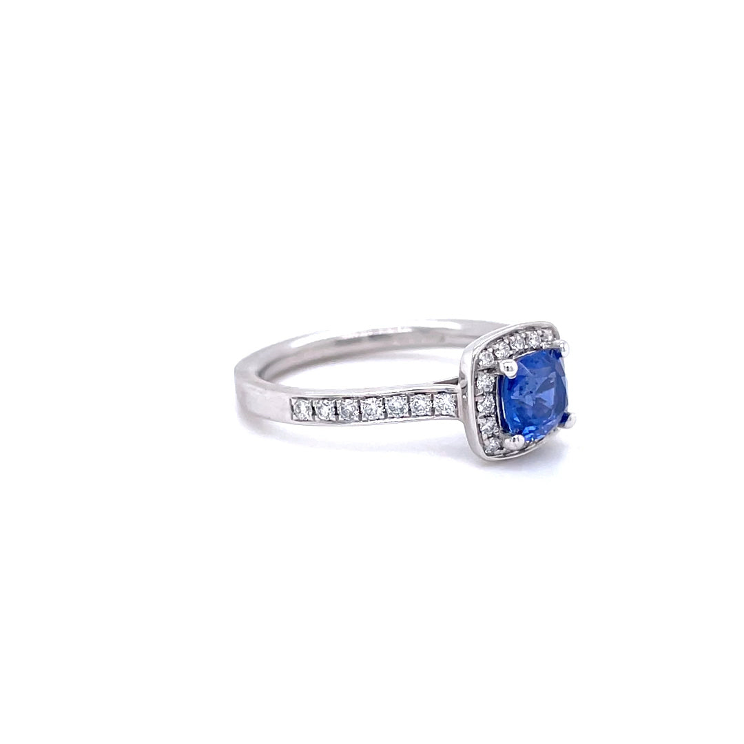 1.00ct Cushion Cut Sapphire and Diamond Cluster Ring